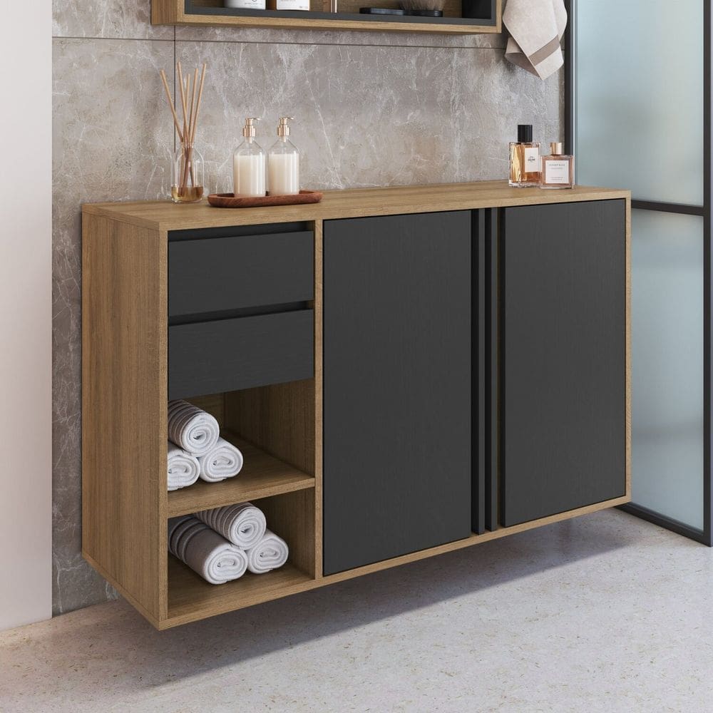 Gabinete de Banheiro 110cm com 2 Portas e Gavetas sem Cuba Antônia Mel/Grafite