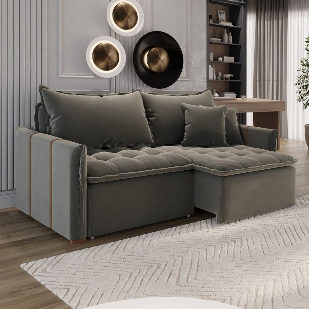 Sofá Cama em Madeira Eucalipto e Linho 220cm Creta Cinza Escuro