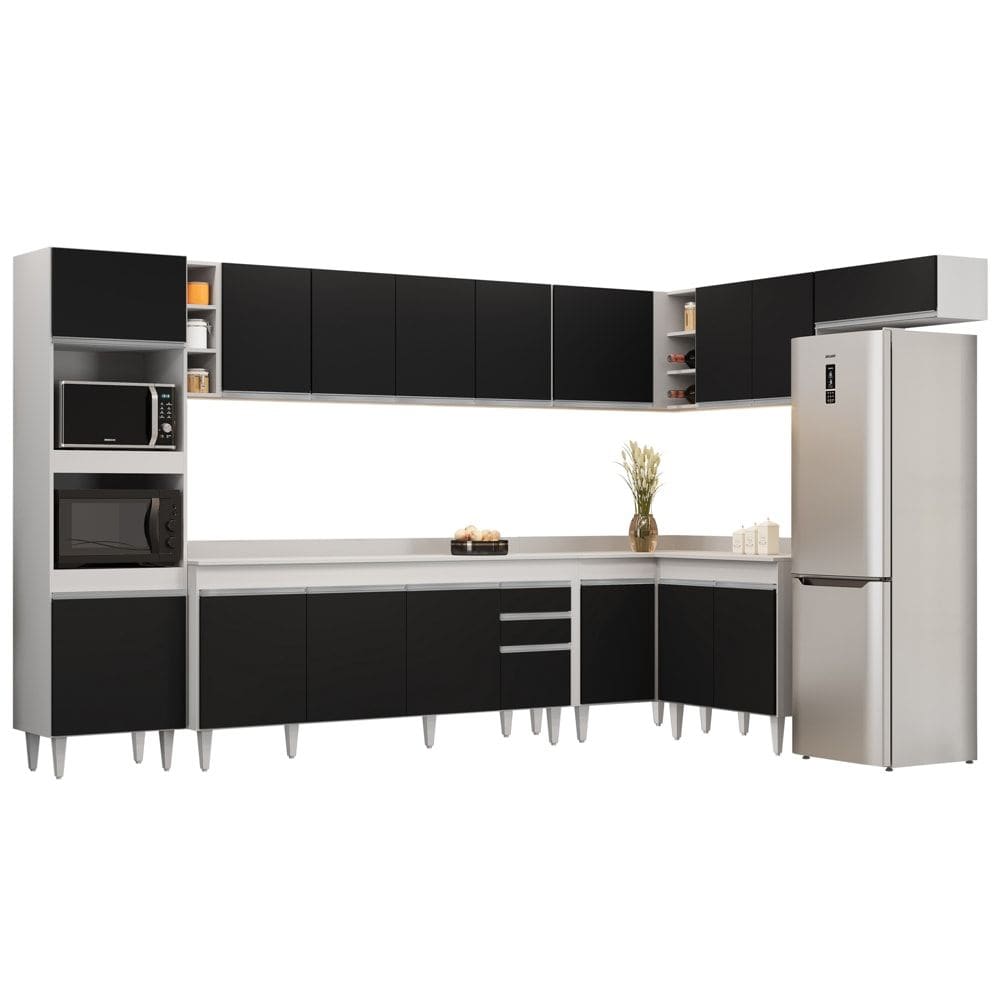 Armário de Cozinha Modulada de Canto 9 Peças CP05 Balcão com Tampo Branco/Preto - Lumil