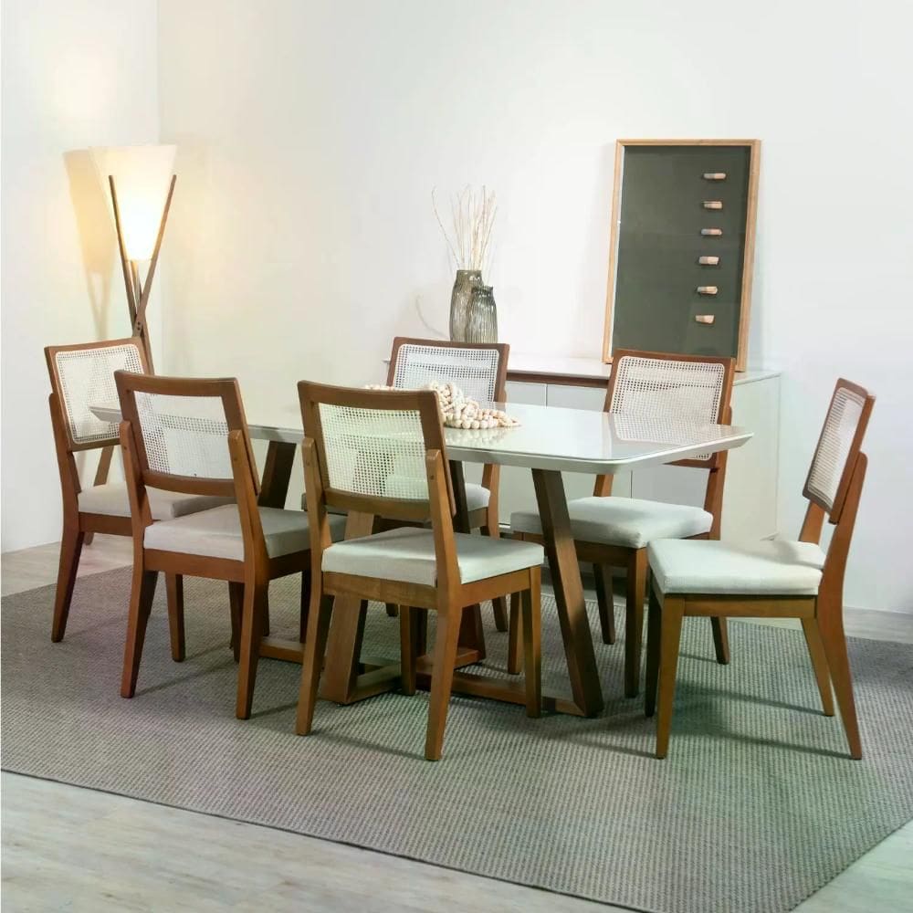 Conjunto de Jantar Mesa com Vidro Bennett 6 Cadeiras Saga - Natural c/ Cru