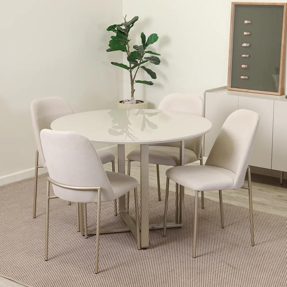 Conjunto de Jantar Mesa Redonda com Vidro Arcádia 4 Cadeiras Lucille - Champanhe c/ Off White - Palha