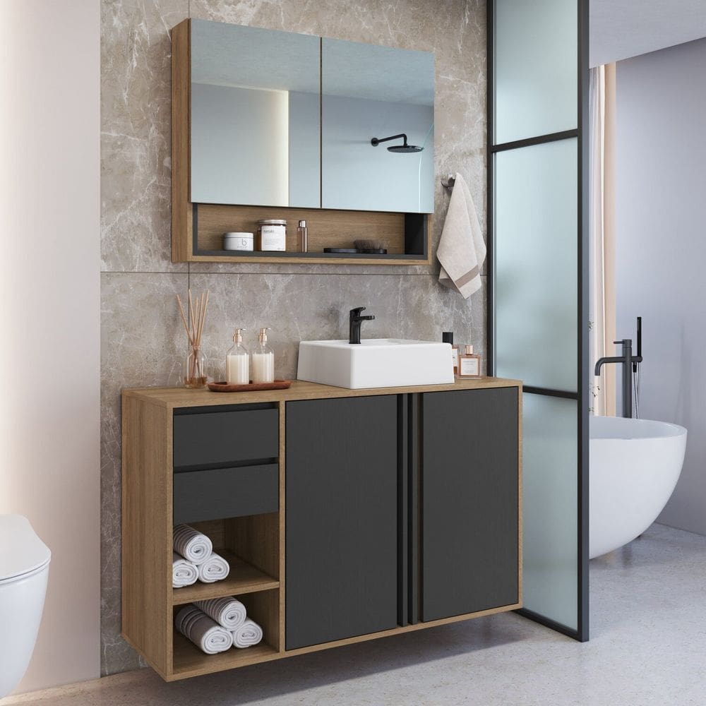 Gabinete de Banheiro 110cm com Espelheira 2 Portas e Cuba Antônia Mel/Grafite