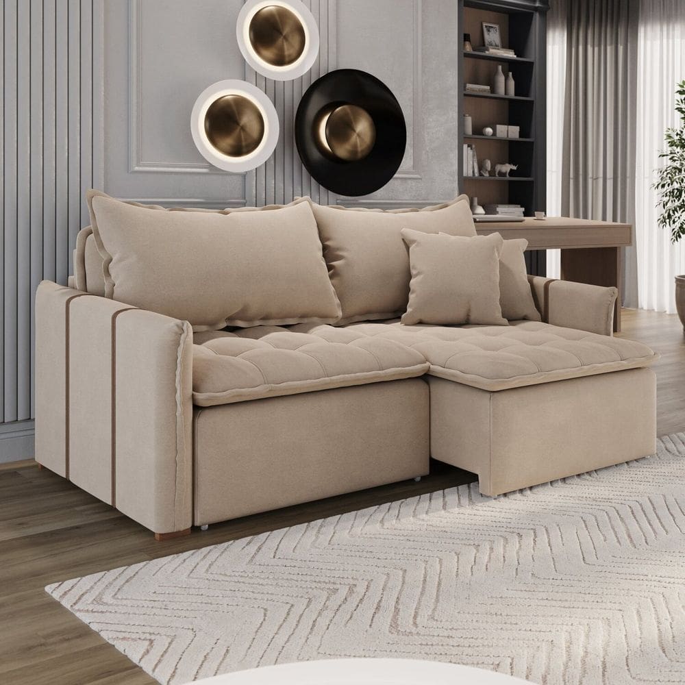 Sofá Cama em Madeira Eucalipto e Linho 220cm Creta Bege