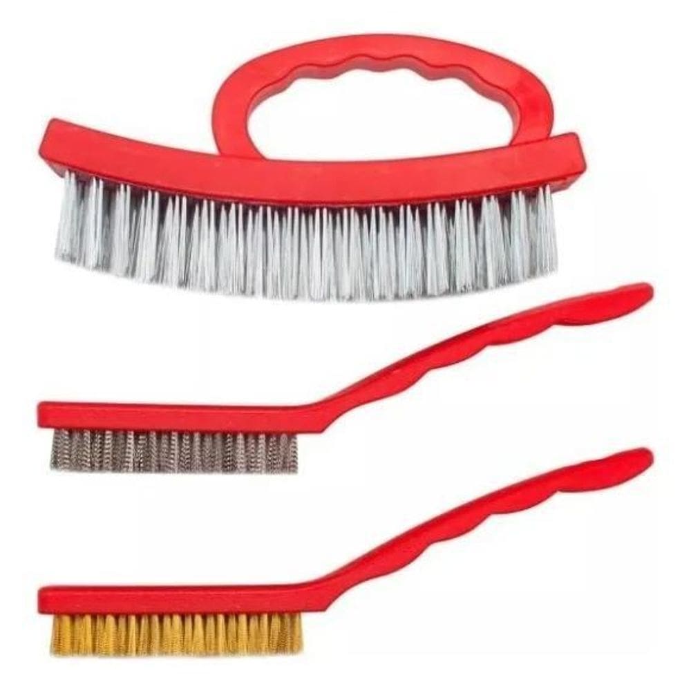 3X Escova Manuais - Jogo C/3 Cerdas Aço Inox, Latão E Aço Ca