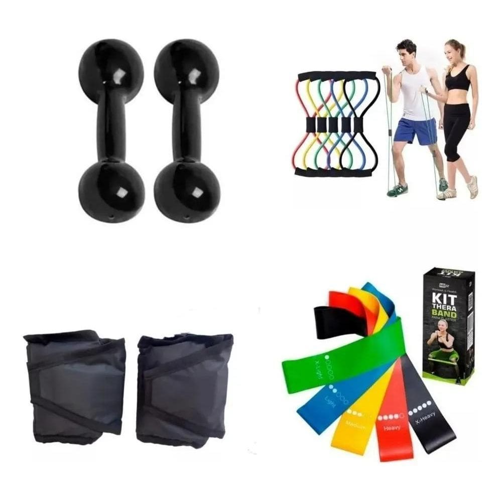 3X Kit Fisio Halter 2 Kg + Caneleira 2 Kg+ Theraband + Elást