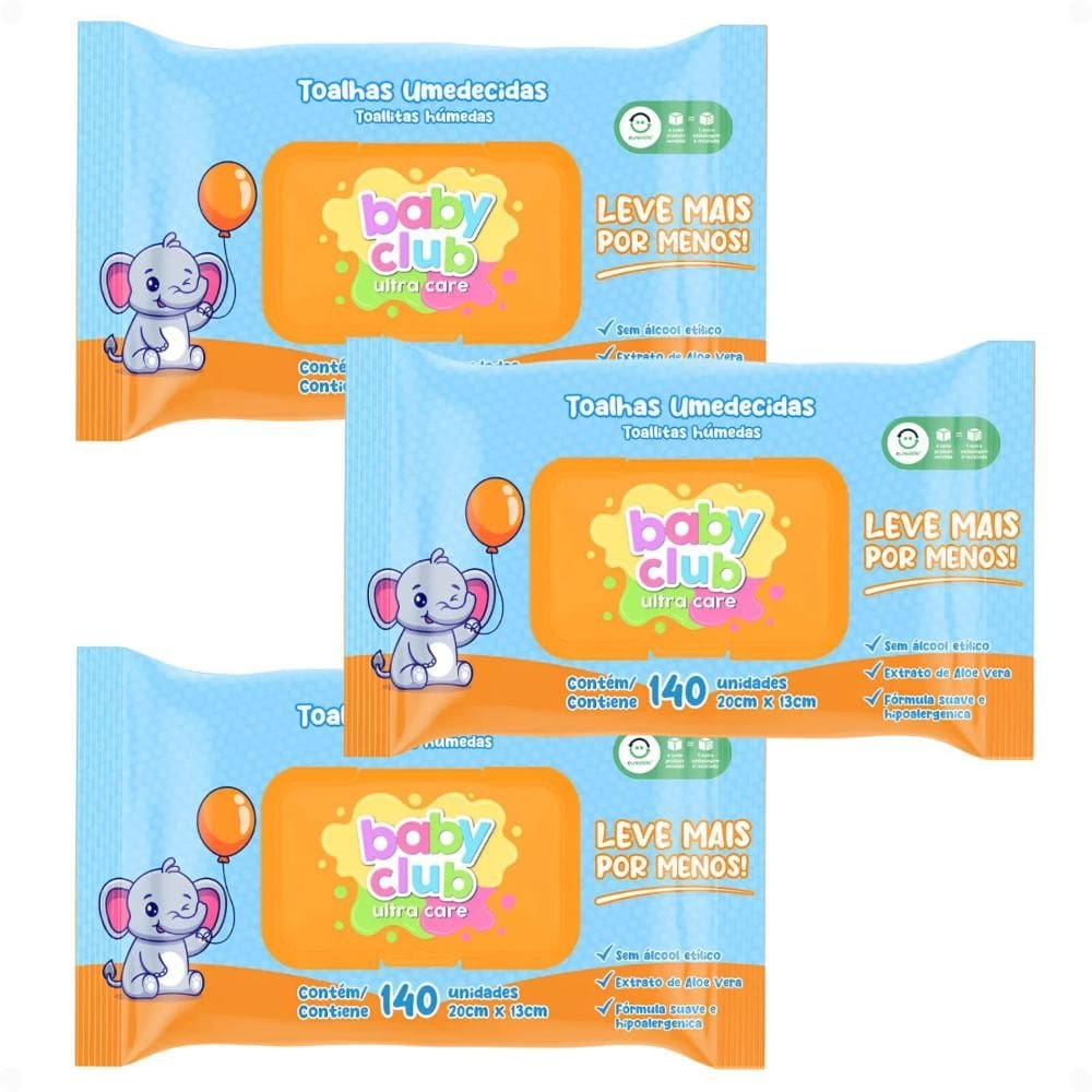 Kit Baby Club Ultra Care: 3 Pacotes Toalhas Umedecidas Baby 20x13cm Com 140Un