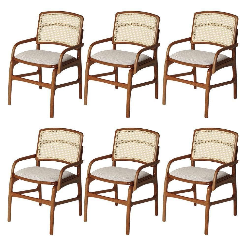 Jogo 6 Cadeiras De Jantar Florença Estrutura Em Madeira Jequitibá Terra Braço Encosto Palha Linho Bege