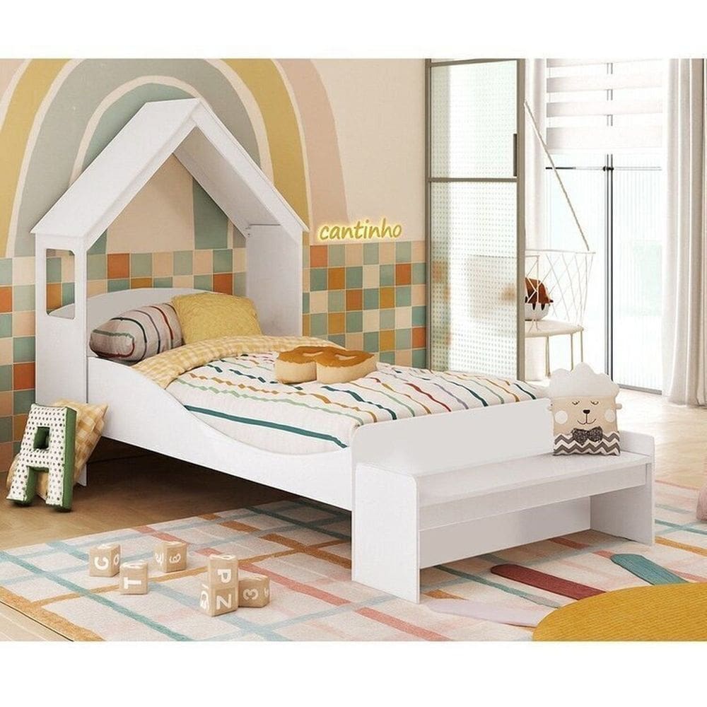 Cama Infantil com Cabeceira Casinha e Banco Lola 100% Mdf Espresso Móveis Branco Brilho