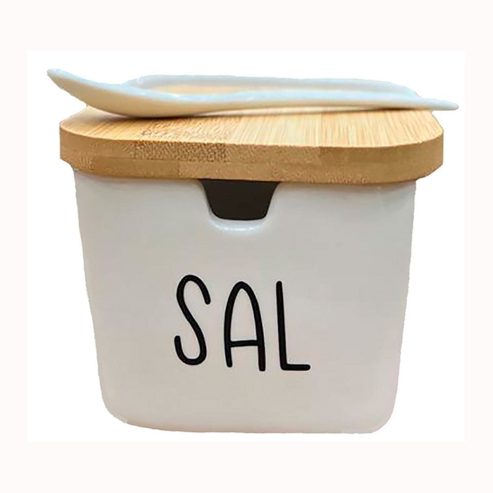 Saleiro em Cerâmica com Tampa de Bambu e Colher Bianco Personalizado 5775 - Dorémi