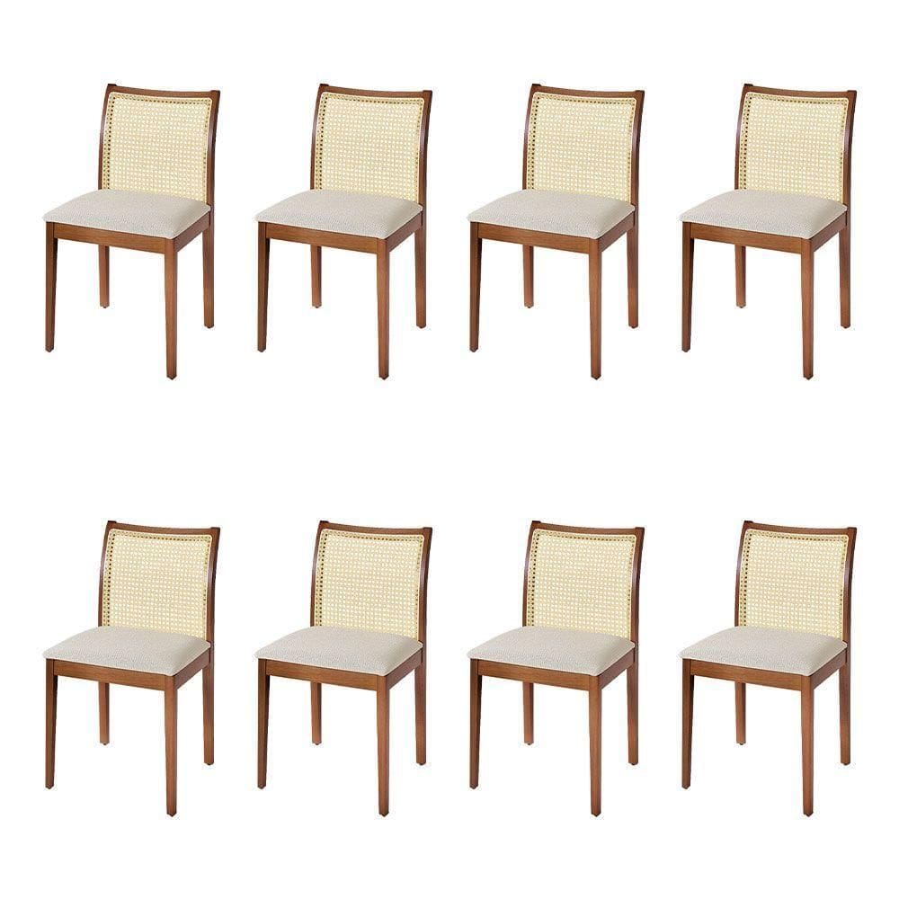 Jogo 8 Cadeiras De Jantar Juliana Jequitibá Terra Em Madeira Maciça Encosto Palha Linho Bege