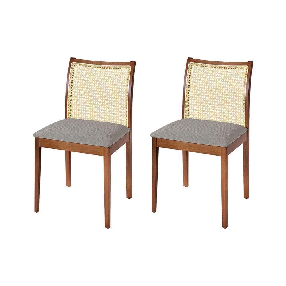 Jogo 2 Cadeiras De Jantar Juliana Jequitibá Terra Em Madeira Maciça Encosto Palha Linho Cinza