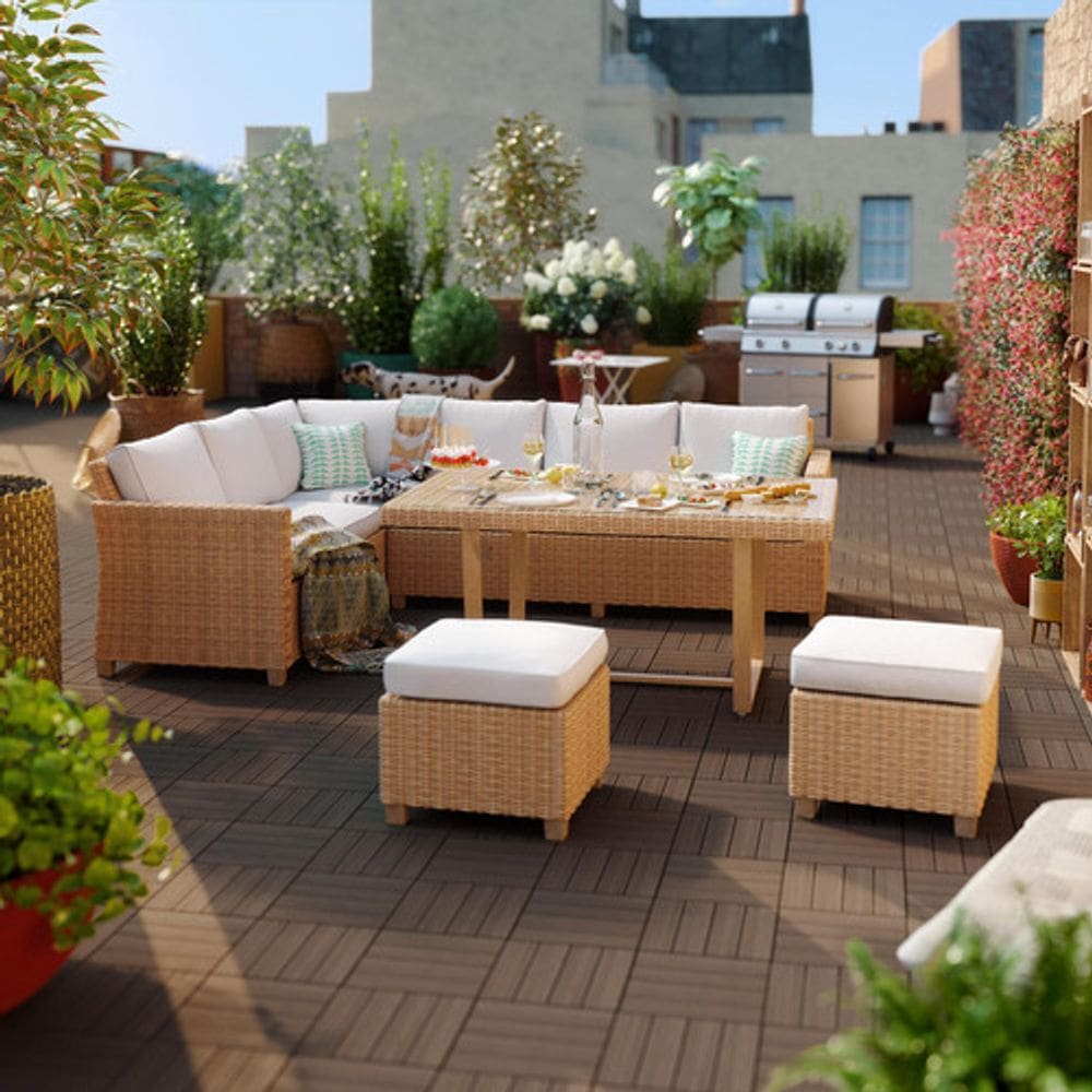 Conjunto De Jardim 5 Pecas Sofa Mesa Bege E Branco 7 Lugares