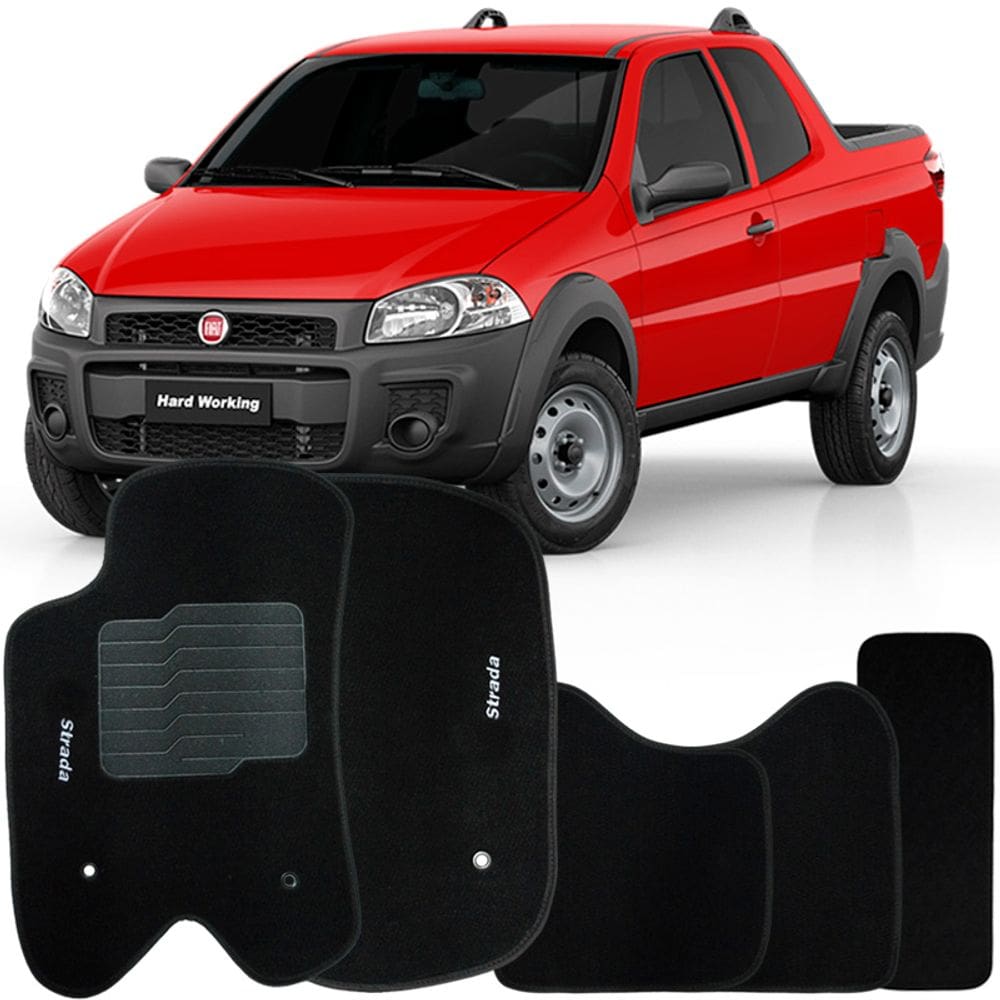 Jogo de Tapete Automotivo Carpete Fiat Strada Cabine Dupla 2013 à 2019 Soft Logo Bordado 5 Peças