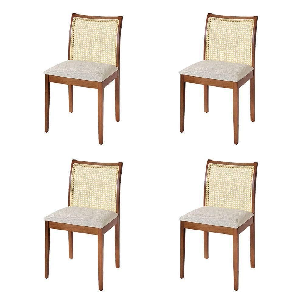 Jogo 4 Cadeiras De Jantar Juliana Jequitibá Terra Em Madeira Maciça Encosto Palha Linho Bege