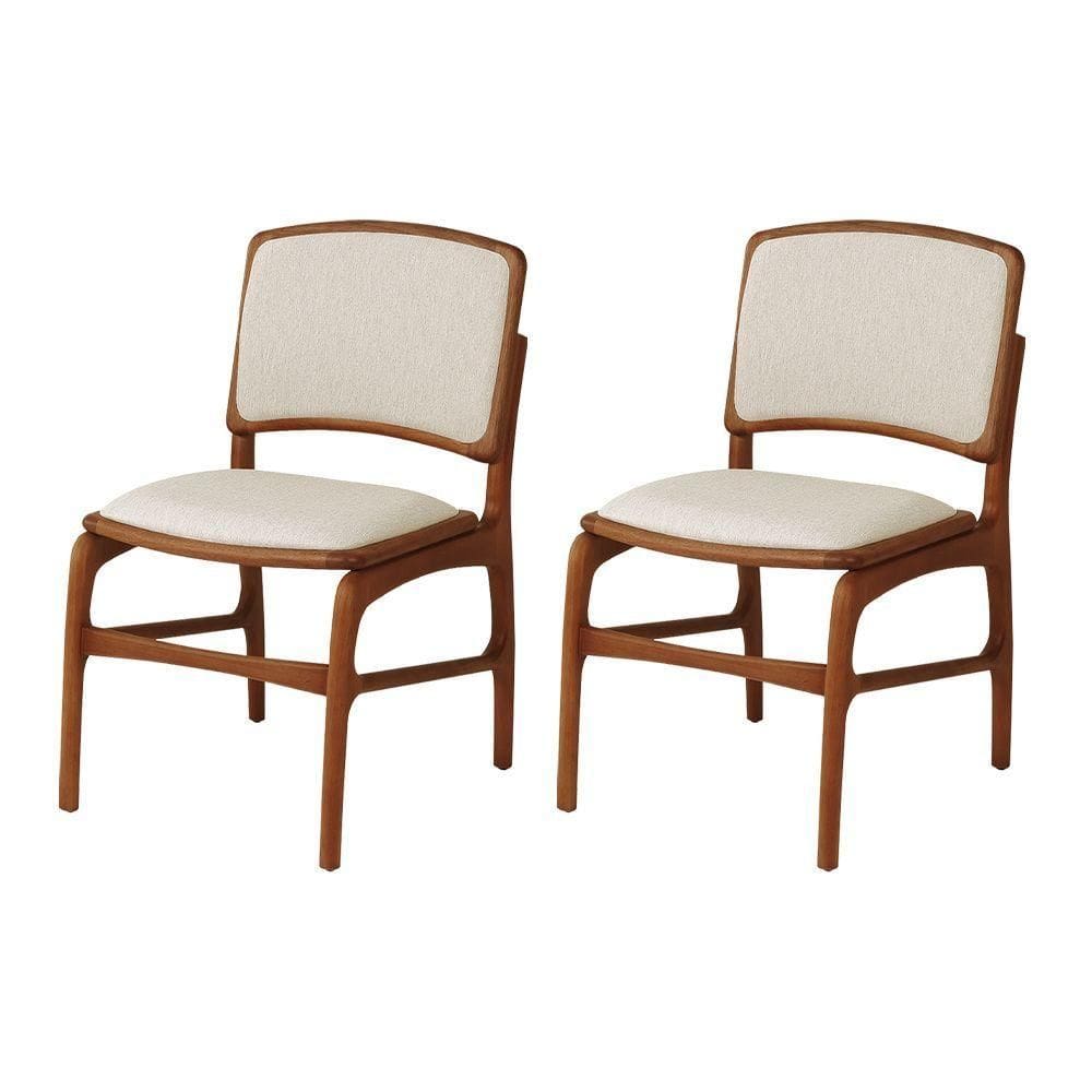 Jogo 2 Cadeiras De Jantar Florença Em Madeira Jequitibá Terra Encosto Em Tecido Premium Linho Bege