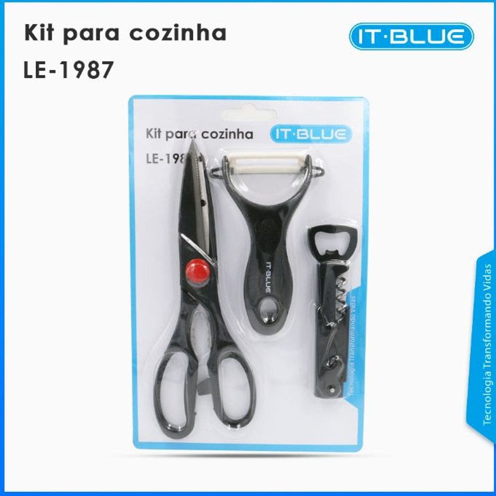 Kit de Cozinha 3 em 1 Descascador de Legumes e frutas Saca Rolha Tesoura