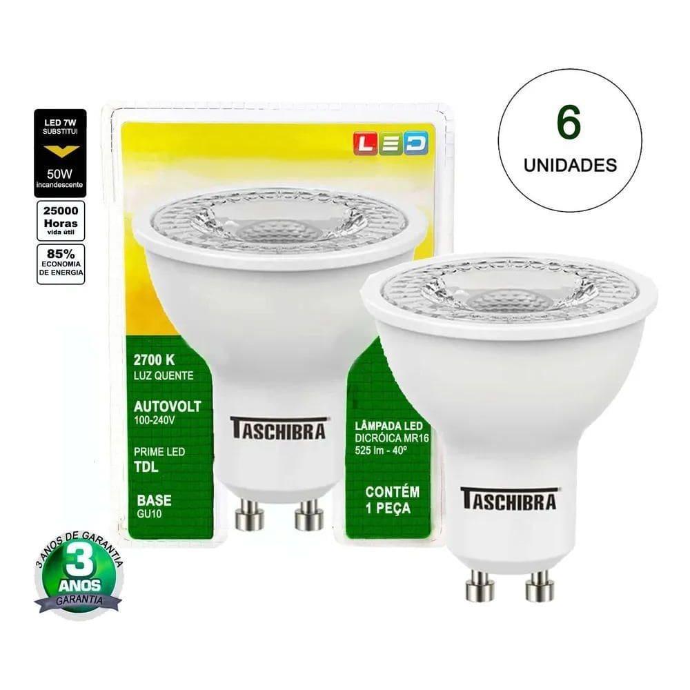 3X Kit 6 Lâmpadas Led Dicroica Mr16 Tdl 50 7W 2700K