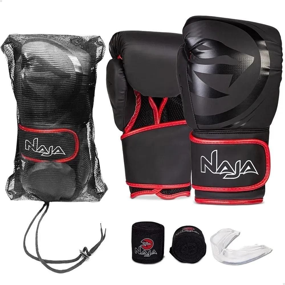 3X Kit Luva Muay Thai Boxe Naja Black Line Com Bucal E Banda