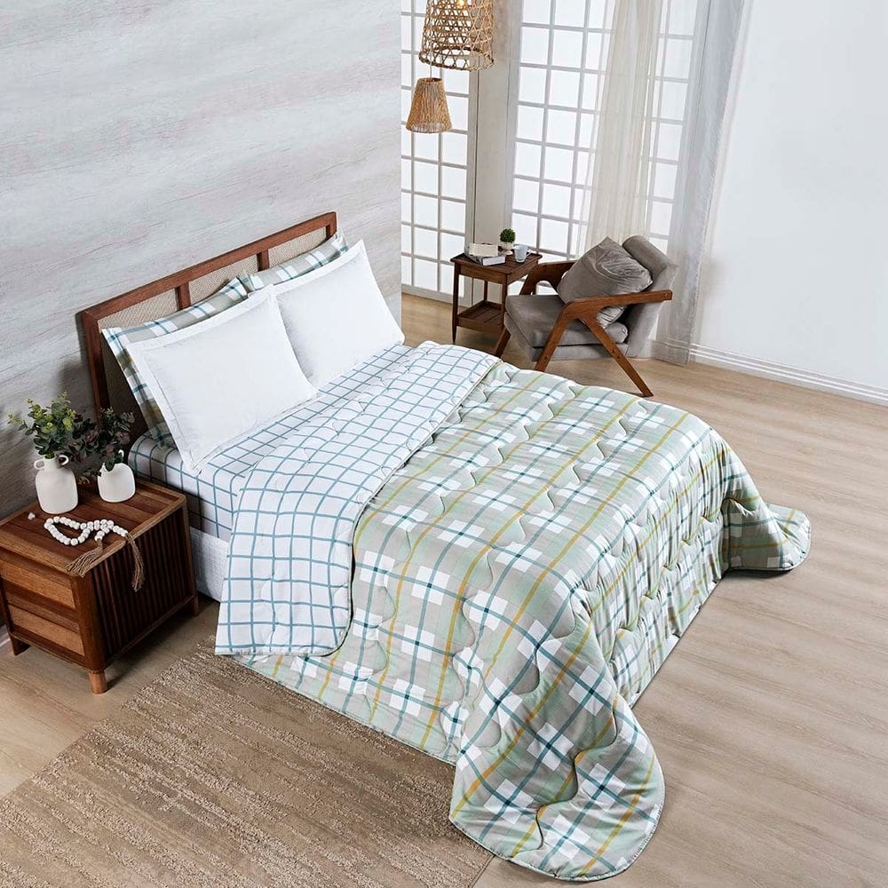 Edredom Cobertor Belle Super King 400 Fios Dupla Face Estampado Grid Xadrez Verde