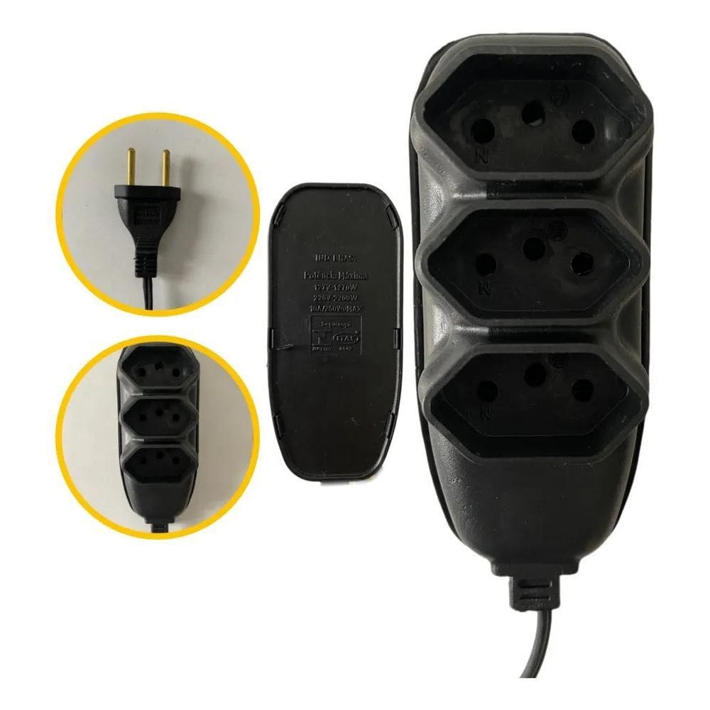 3X Extensão Elétrica 2 Metros Bivolt Preto 3 Tomada Tripolar