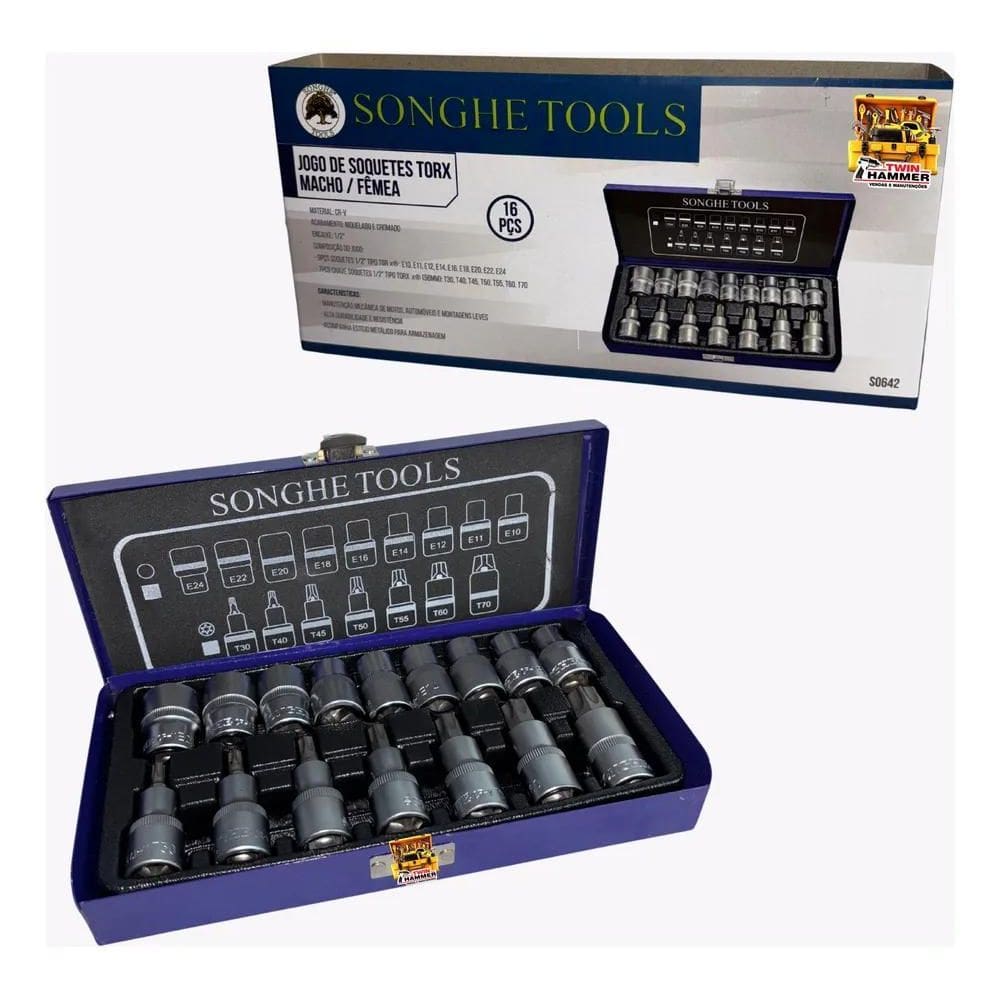 3X Kit Jogo Soquetes Torx Macho / Femea - 16 Peças + Maleta