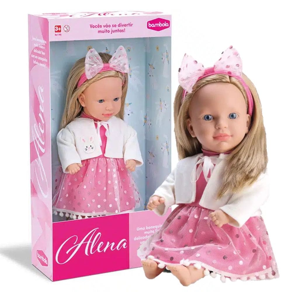 Boneca Bambola Alena 42cm Loira Vestido Brilhante Tiara Laço
