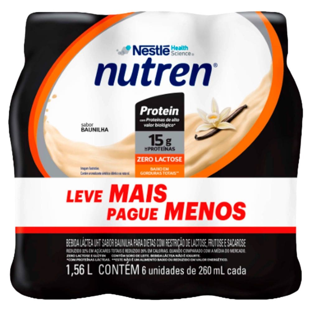 Nutren Protein Sabor Baunilha 15g de Proteína Leve Mais por Menos Com 6 Unidades  260ml Cada