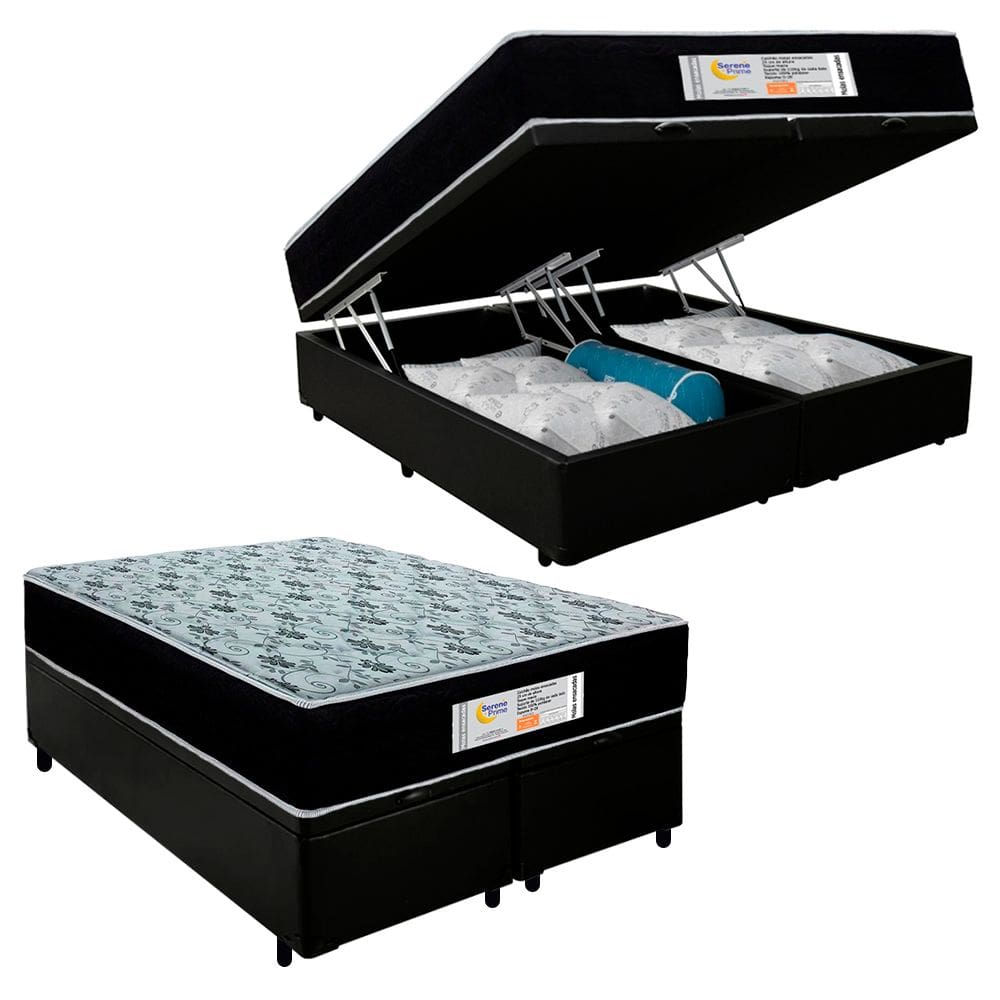 Cama Box Baú Queen Bipartido Sintético + Colchão Molas Ensacadas SerenePrime Sonnolux 158x198x69