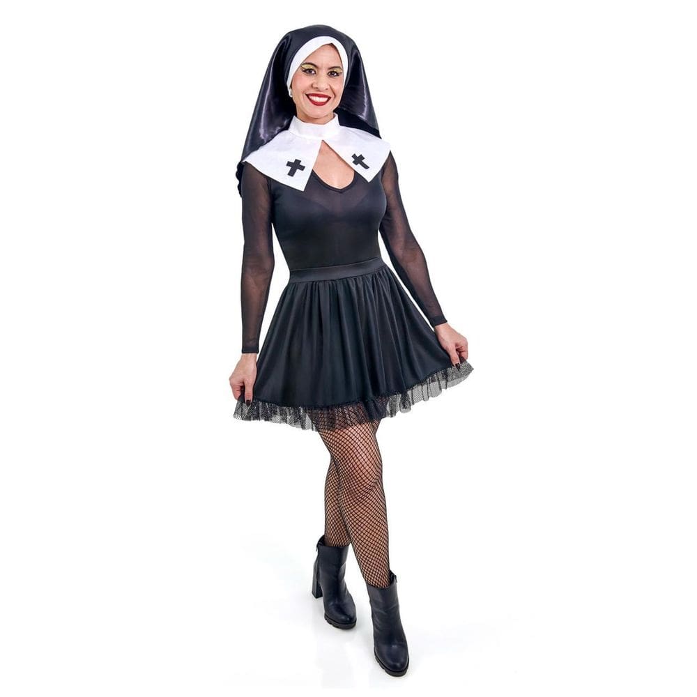 Fantasia Freira Adulto Vestido Noviça Rebelde Irmã Religiosa Cosplay Carnaval Bloquinho Festa Halloween Noites Terror