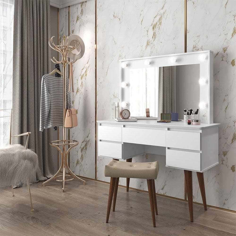 Penteadeira com Espelho Strass Branca com Banqueta - Patrimar