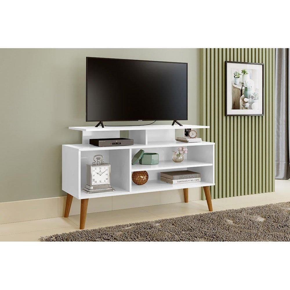 Rack  TV 42” com Nicho Pés Madeira Retrô Lyon Branco - Carmolar