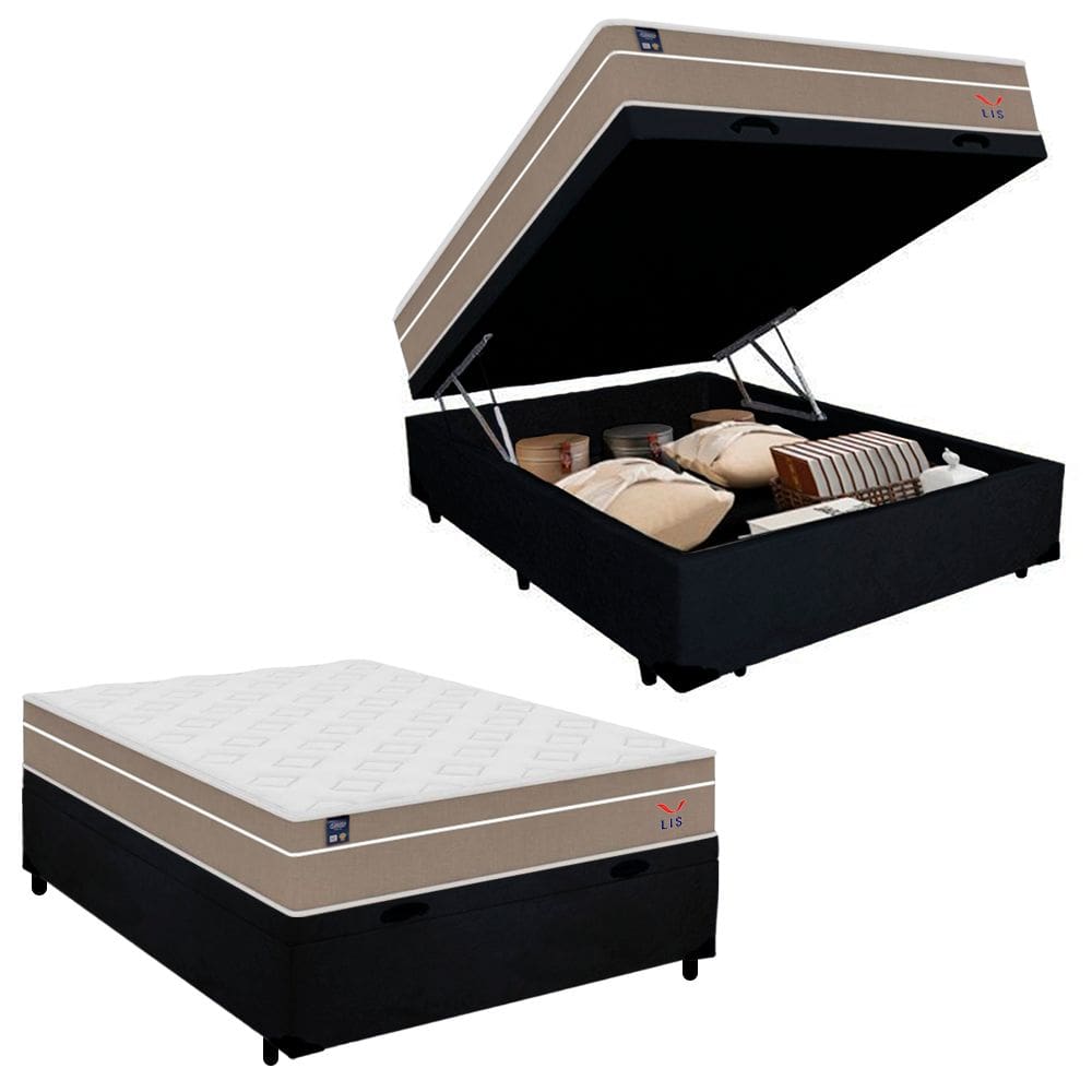 Cama Box Baú Casal Suede + Colchão Lis Molas Ensacadas Plumatex 138cm – Suporta Até 120 Kg Por Pessoa