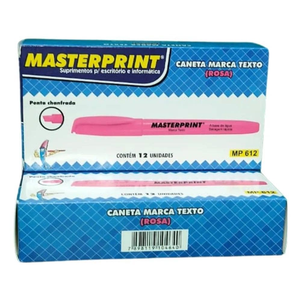 3X Caneta Marca Texto Masterprint Rosa Caixa Com 12 Unidades