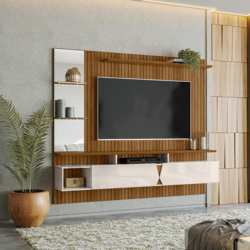 Painel Intense p/ Tvs Até 55``  c/ Gaveteiros e Prateleiras Suporte para Itens - Freijo Ripado/Off White Perolizado