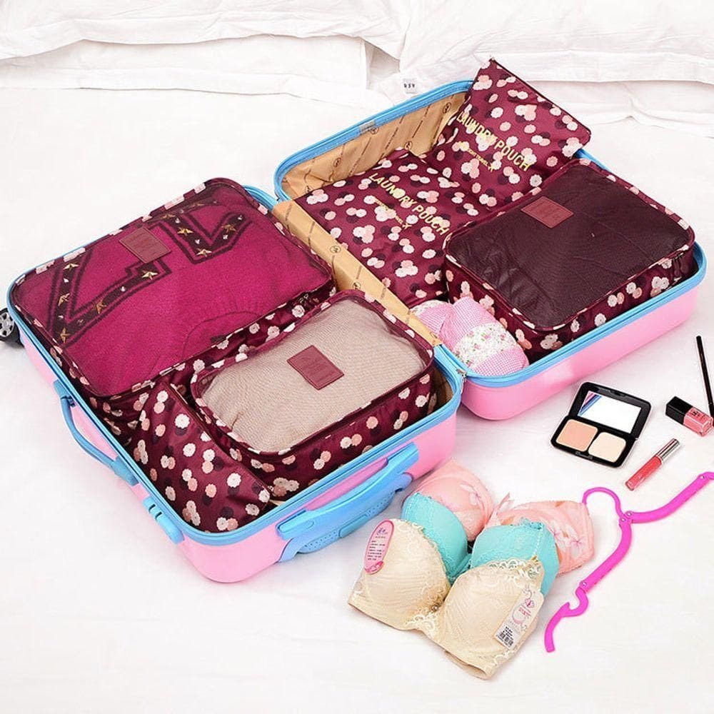 Conjunto Elegante De Malas Em Estilo Floral Vinho - 6 Peças Para Viagens Confortáveis