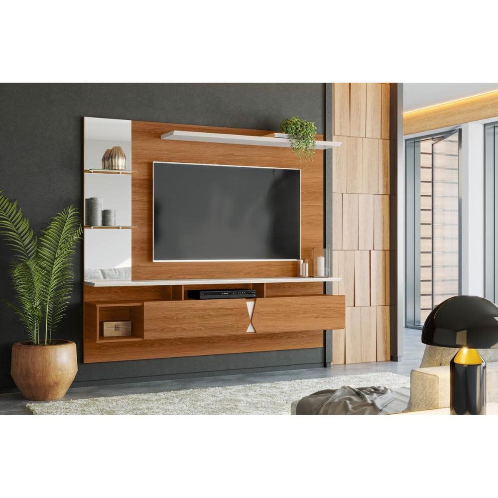 Painel Intense p/ Tvs Até 55``  c/ Gaveteiros e Prateleiras Suporte para Itens - Jequitiba/Off White Perolizado