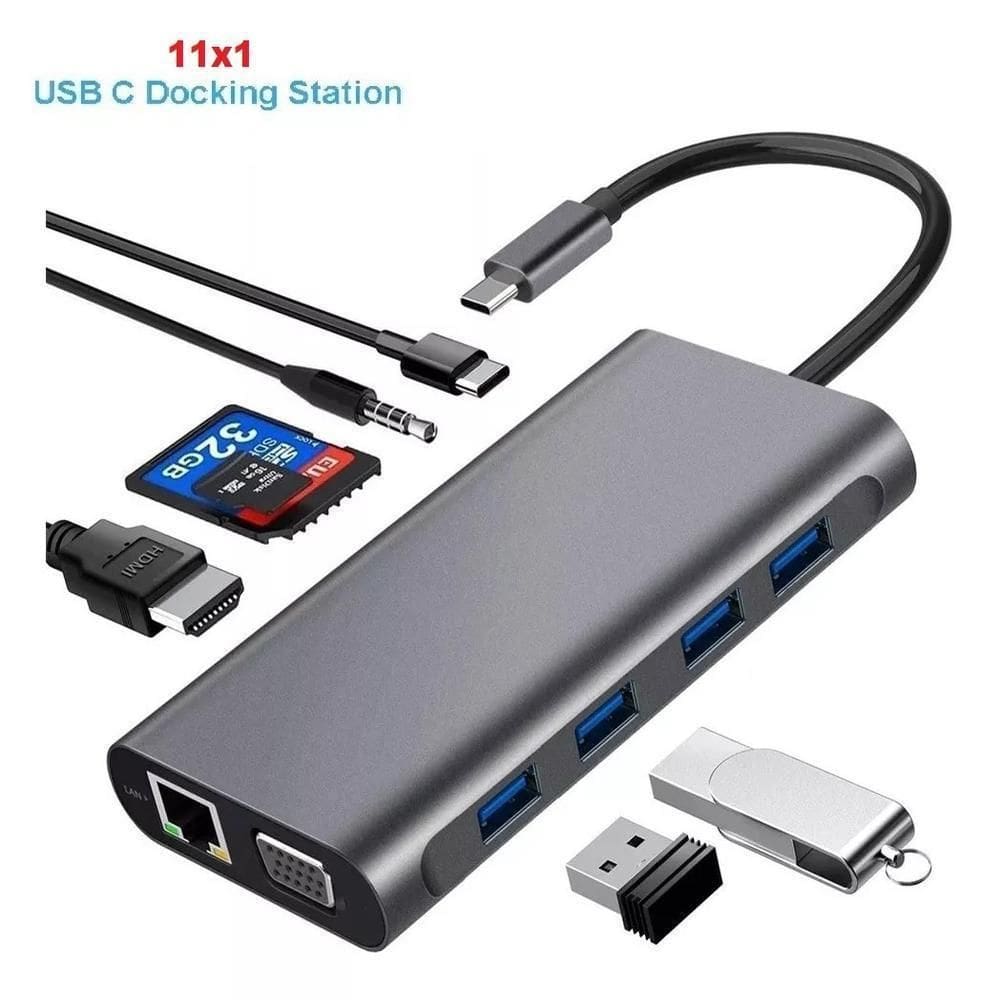 Hub Docking Station 11x1 Adaptador Type C x Lan, Hdmi, Vga, Sd, Usb 3.0, Pd e P2
