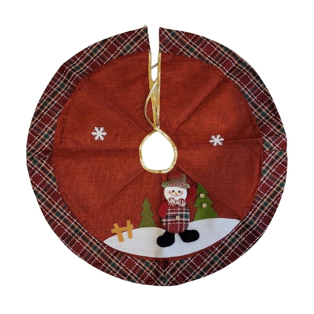 Saia para Árvore de Natal 70cm Linho Vinho Pelúcia Boneco de Neve Borda Xadrez Prime