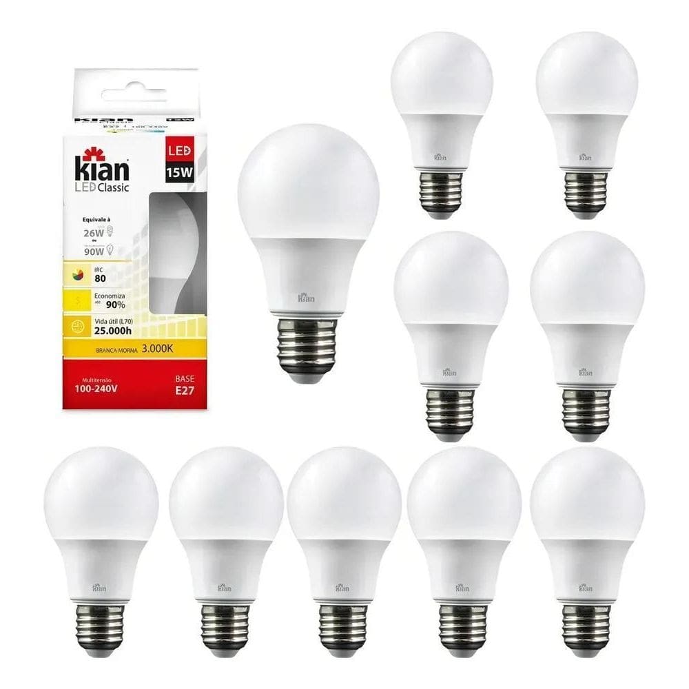 Kit 10 Lâmpadas Led 15W E27 Branco Quente E Branco Frio Kian