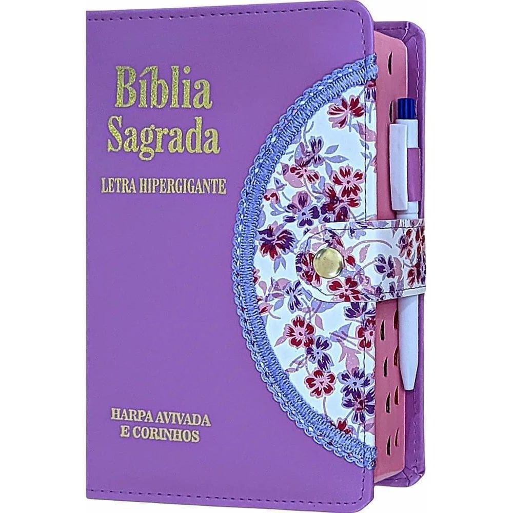 Bíblia Sagrada Letra Grande Com Harpa Botão Caneta Feminina