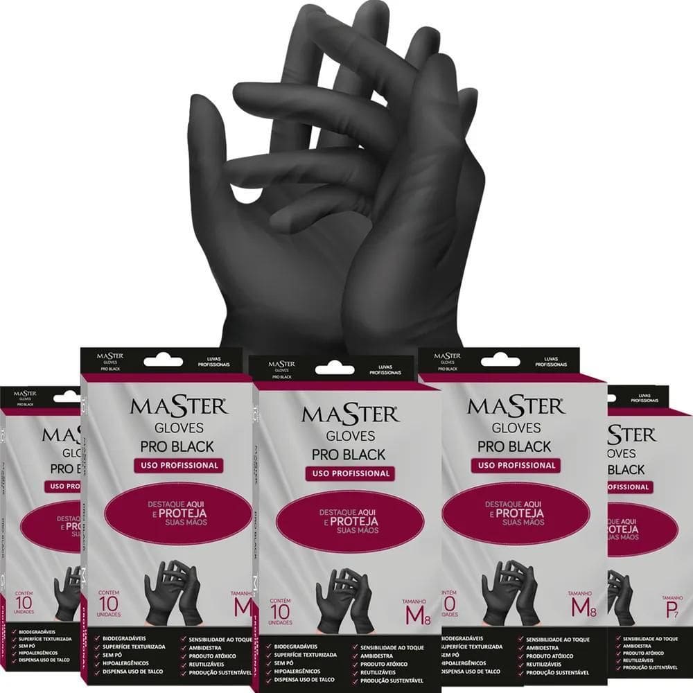 5X Luvas Em Látex Master Gloves Pro Black 10 Unidades Tamanh