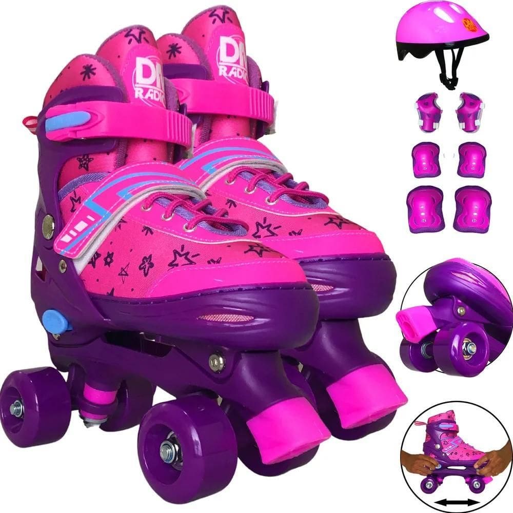 Patins Infantil Roller 4 Rodas Ajustável Com Kit De Proteção