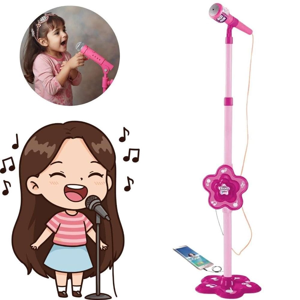 Microfone Infantil Rosa Com Pedestal Ajustável
