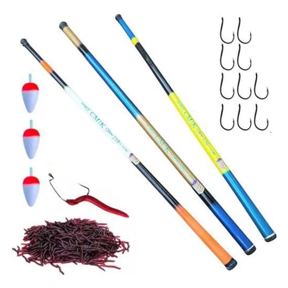 Kit 3 Vara Pesca Telescópica 2,10M 2,70M E 3,00 Metros Fibra