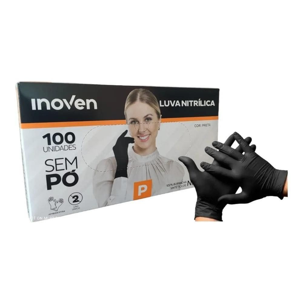5X Luva Nitrílica Sem Pó Preta Tamanho P Inoven - 100 Peças