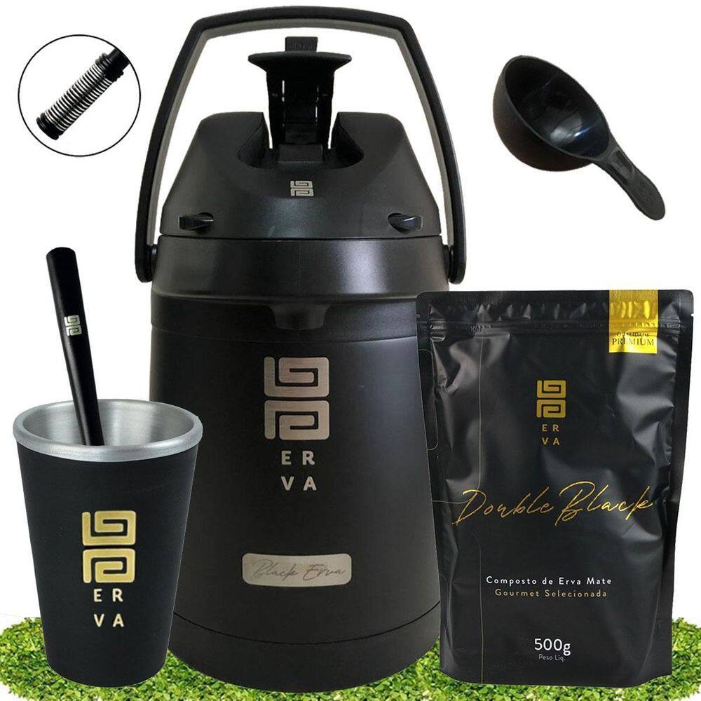 Kit Tereré Black 500g + Cuia e Garrafa Inox 2,5L