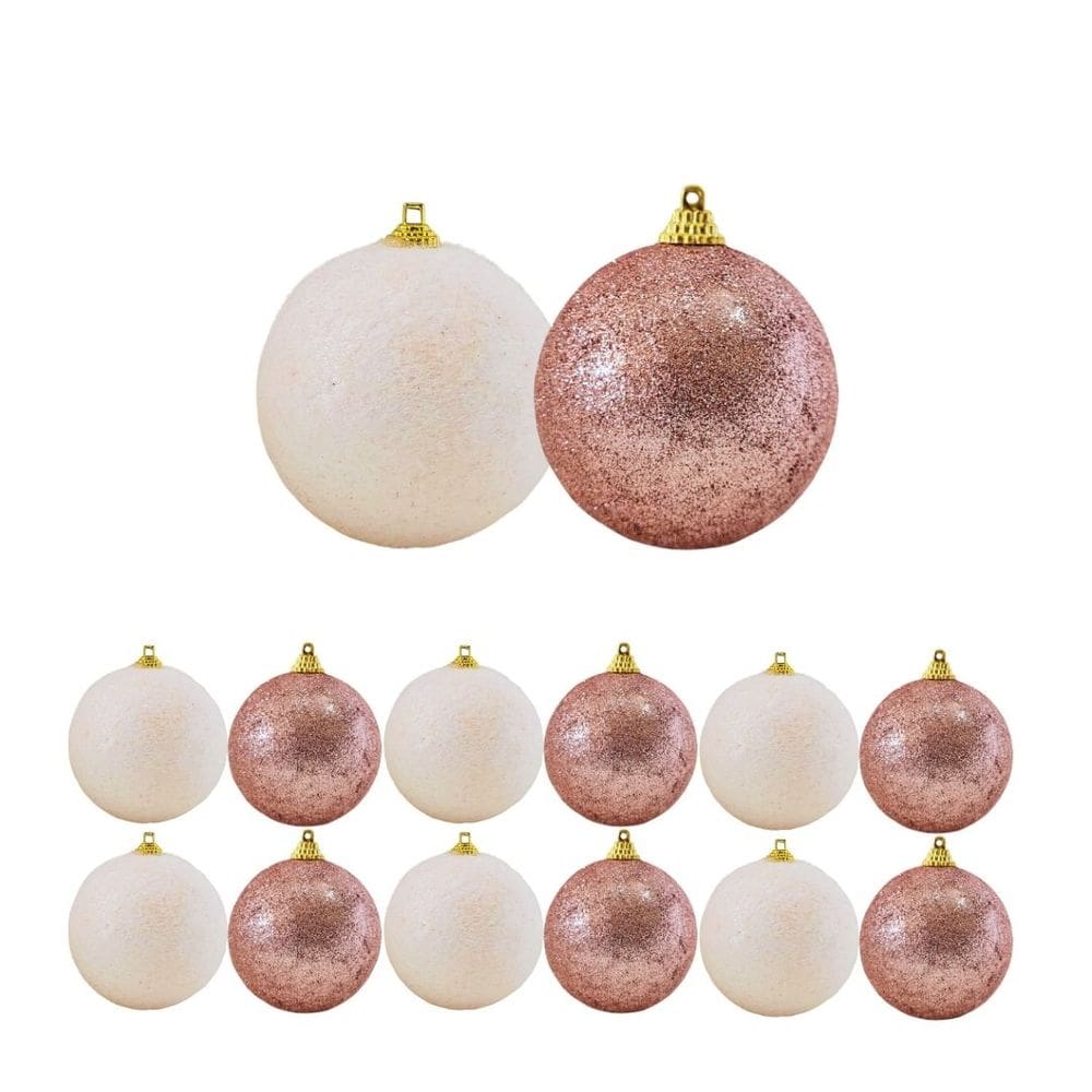 Jogo 12 Bolas de Natal Rosê Mistas Glitter e Flocada Luxo 8cm - Master Christmas