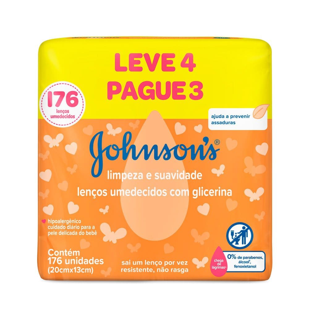Lenços Umedecido Johnsons com Glicerina Leve 4 pague 3 com 176 Unidades