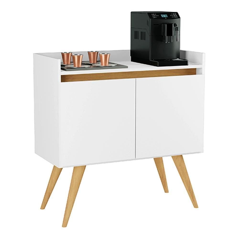 Aparador Buffet Sala Gold 2 Portas Com Pés De Madeira Maciça Branco Mel