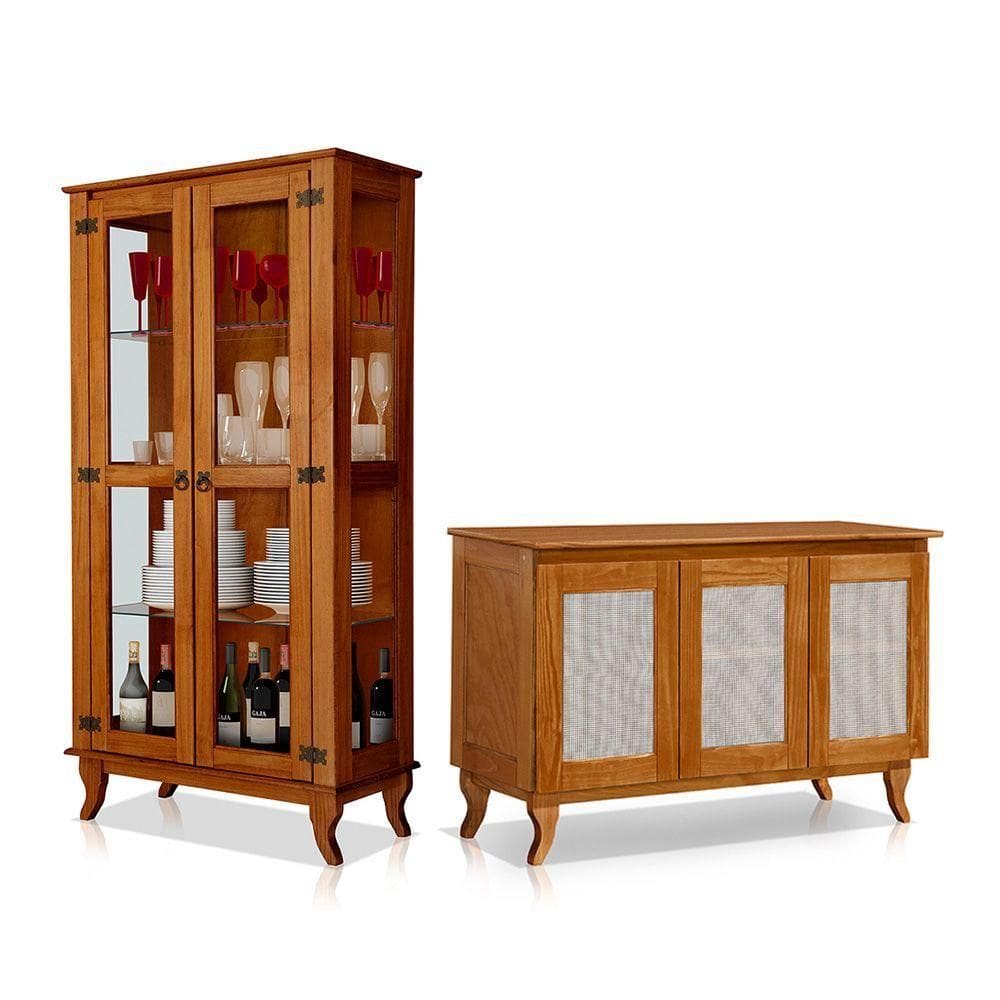 Conjunto Sala De Jantar Cristaleira Com Buffet 3 Portas Em Madeira Maciça Castanho